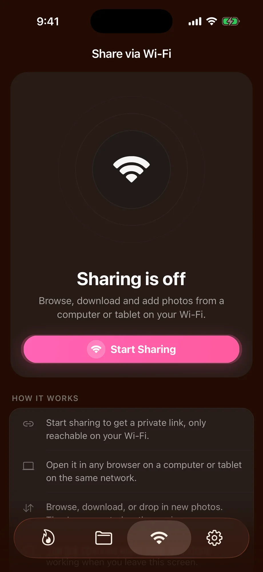 Mavaul Share via Wi-Fi screen